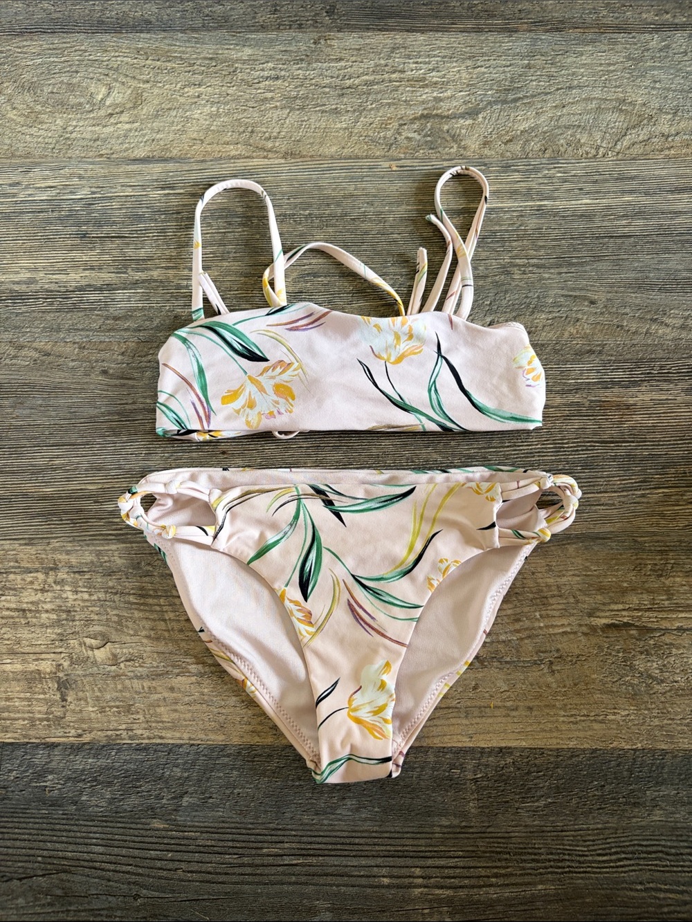 O'Neill Girls Light Pink Floral Bikini Set with Yellow & Green Accents